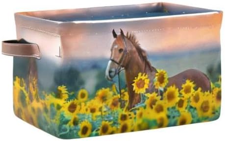Animal Horse Sunflower Square Storage Basket Bin Canvas Fabric Compressible Organizer Basket with Handle for Bedroom Nursery Office, 1PCS