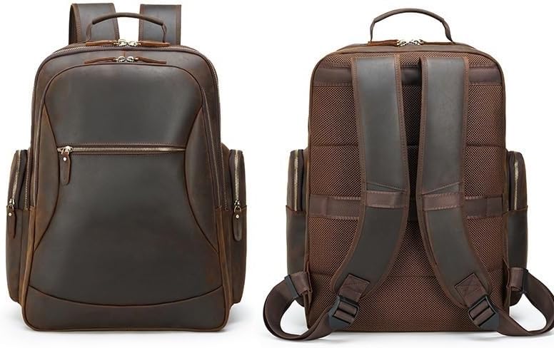 Men Leather Briefcase Full Grain Leather for Men Laptop Backpack Business Work Daypack Hiking Large Capacity Bag for Office Commute and Outdoor Adventures