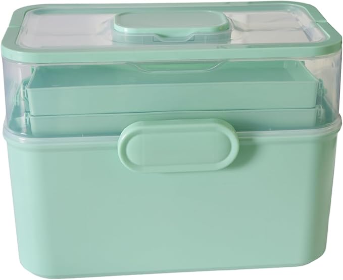 Portable Clear Medicine Box Empty, Family First Aid Dispenser/Art & Crafts Case/Folding Tool Organizer/Multipurpose Storage Container 3-Layers Storage Bin for Family Emergency (Green)