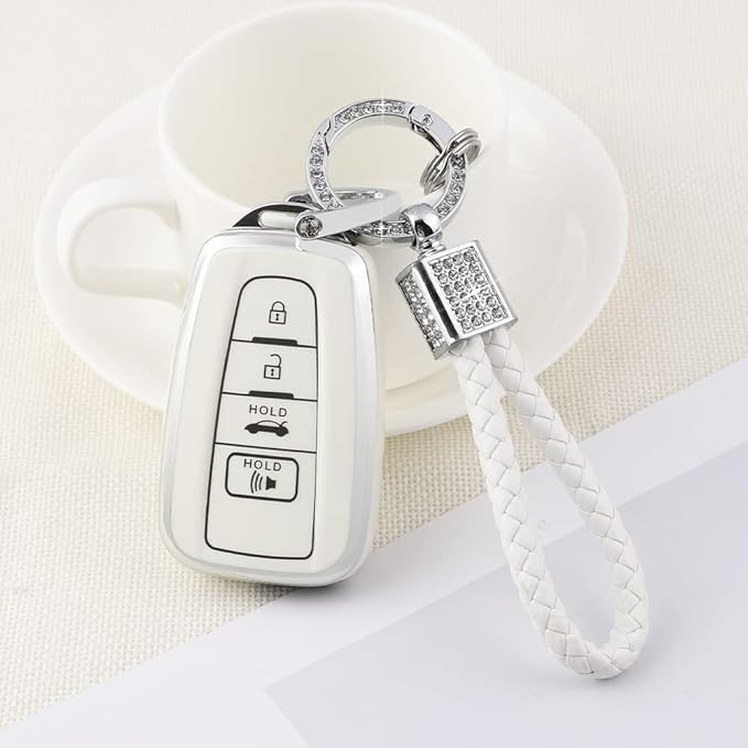 PIFOOG Key Fob Cover for Toyota Camry RAV4 Corolla C-HR Avalon Highlander Prius Smart Keys Case Shell Protector Bling Keychain Accessories 4 Button TPU Girly Women White Silver