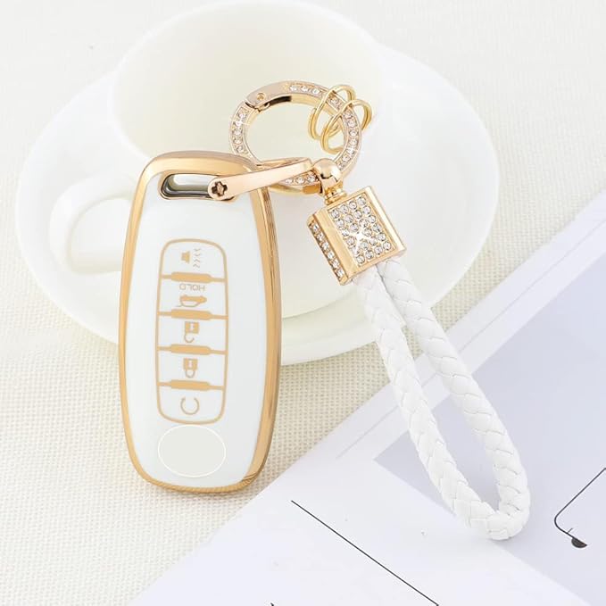 PIFOOG for Rogue Key Fob Cover 5 Buttons 2023 Pathfinder SL Platinum Car Key Case Shell Bling Keychain Lanyard Protector Protection Accessories Women Girly Cute White Gold TPU