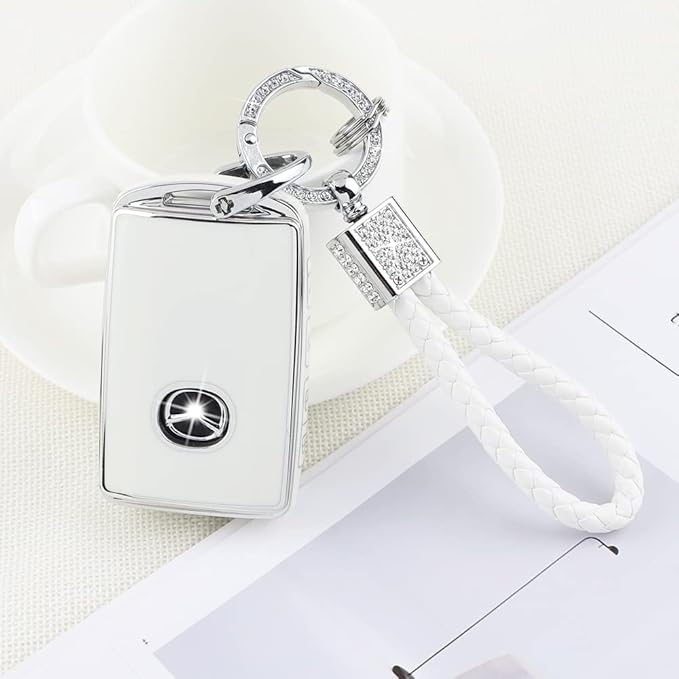 PIFOOG Car Key Case for Mazda 3 6 CX9 CX5 CX30 MX5 CX50 Accessories TPU Keys Fob Cover Shell Cute Bling Keychain Landyard Full Protection 4 Buttons Girly Women White Silver