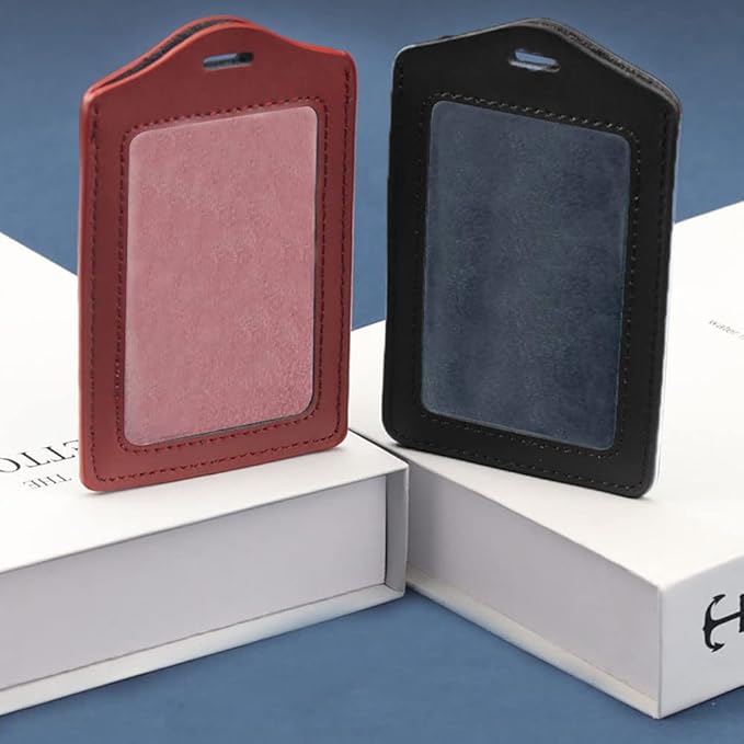Larpur Pack of 2 Genuine Leather Badge Holders, Vertical ID Card Holders with 1 Clear ID Window for Work, School, Office