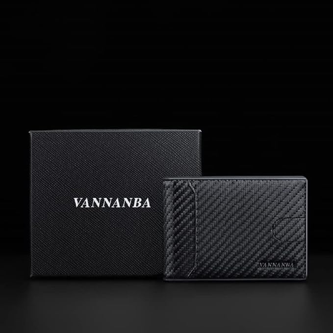 VANNANBA Minimalist Wallet for Men with Money Clip|ID Window|Large Capacity with 12 Card Slots|RFID Blocking,Carbon Fiber Front Pocket Credit Card Holder with Gift Box(Carbon Black)