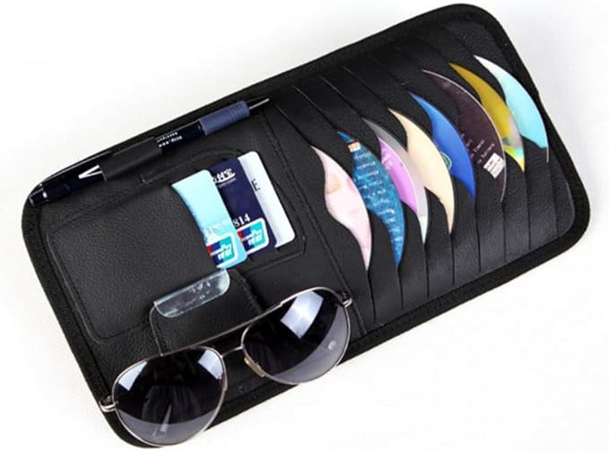 1Pc Leather Car CD Holder, Car Visor CD Storage Pocket, Multi-functional Storage Folder for CDs Sunglasses Cards Pens, Universal Interior Accessories for Cars (Black)