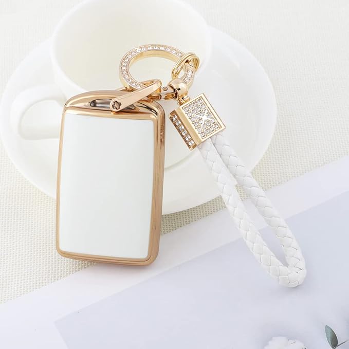 PIFOOG Key Fob Cover for Mazda 4 Buttons White Gold TPU Car Keys Case Shell Protector Bling Keychain Ring for Mazda 3 6 CX5 CX9 CX30 CX50 MX5 Smart Key Accessories Girly Women Cute