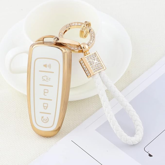 PIFOOG Key Fob Cover for Ford 5 Button Car Key Shell Case Glitter Keychain for Ford Edge Explorer Expedition Focus Taurus Escape C-Max Lincoln Smart Keys White Gold Girly Cute