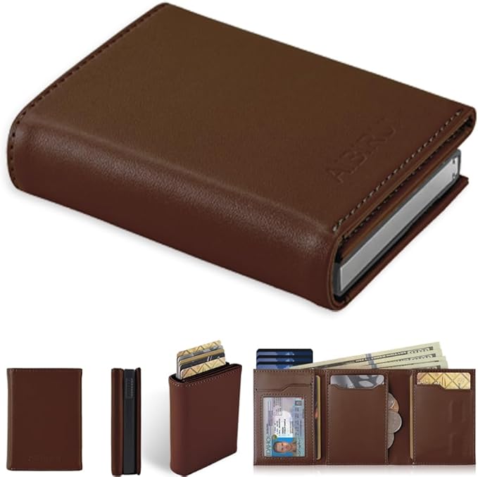 Pop Up Wallet for Men, Leather & Aluminum-Trifold Wallet for Men, Holds 12 Cards,20 Bills,Coins, ID Window, Functional & Minimalist Wallet, RFID Wallet for Men, Brown