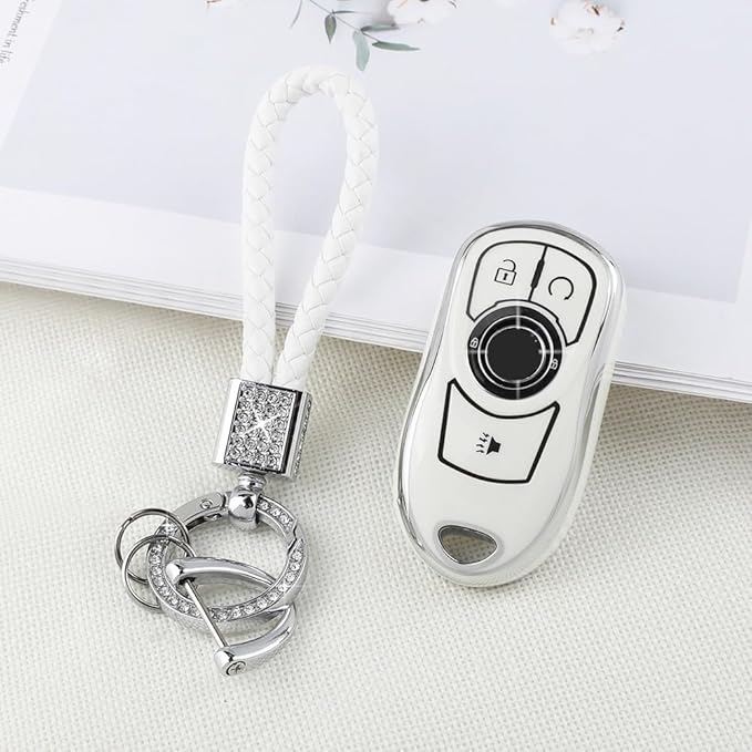 PIFOOG Accessories for Buick Regal Encore GX Key Fob Cover 5 Buttons Soft TPU Keys Shell Case Glittering Car Keychain Full Protector Girl Women Men Crystal White Silver