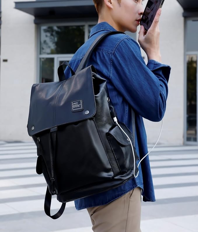 Soft leather backpack, casual PU backpack men women. USB charging port. Suitable for work, commuting, traveling, etc. Waterproof. (Black)