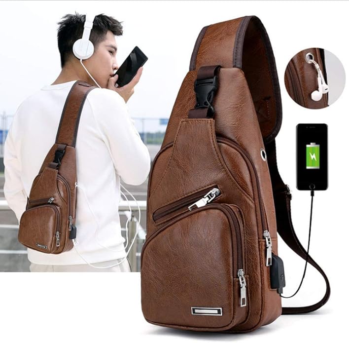 Hebetag Leather Sling Bag Crossbody Backpack for Men Women Travel Outdoor Camping