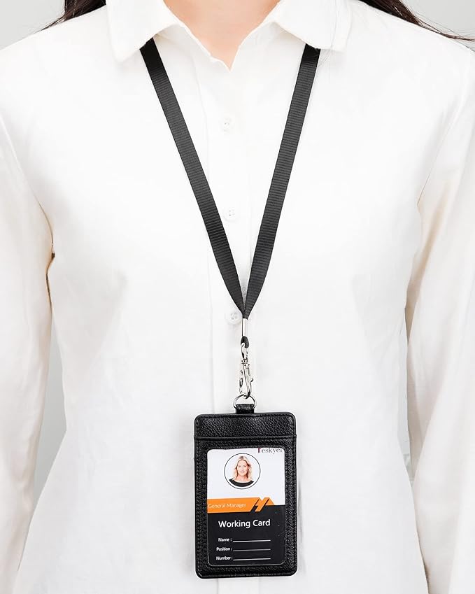 Teskyer Badge Holder with Lanyard, Leather ID Name Badge Card Holder with Lanyard for ID Badges, Vertical, Lychee Pattern Black