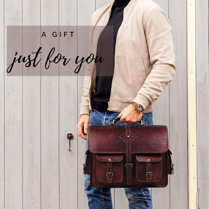 Vintage Leather Laptop Bag for Men Full Grain Large Leather Messenger bag for men 18 inches with rustic look Brown briefcase (Brown)