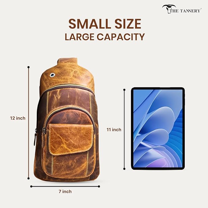 The Tannery Handmade Buffalo Leather Multipurpose Travel Hiking Crossbody Chest Backpack with Adjustable Shoulder Strap, Thanks Giving (Brown, Small)