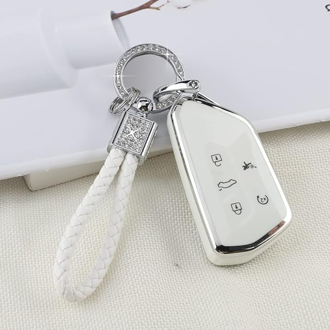 PIFOOG Key Fob Cover for VW Volkswagen ID4 Golf GTI R 2022 2023 Accessories TPU 5 Buttons Car Keys Case Shell Protector Bling Keychain Girly Women White Silver