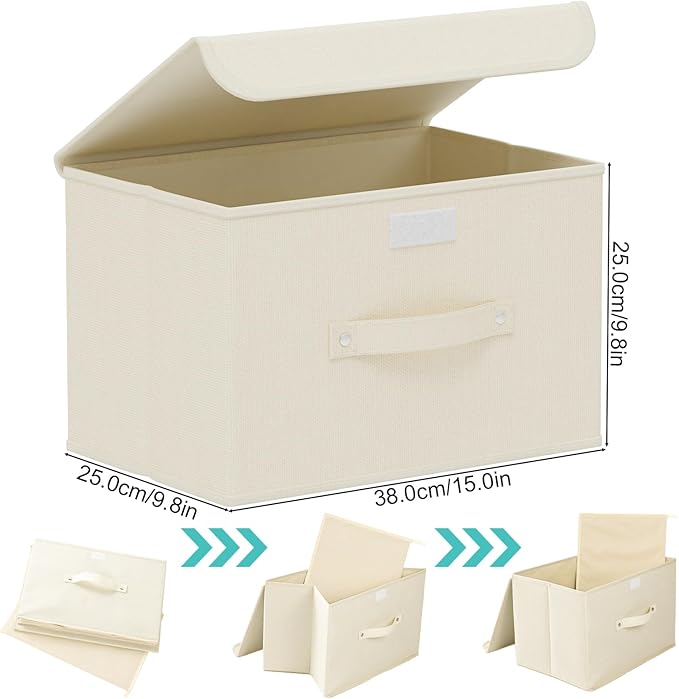 Fabric Storage Bins Cube Organizers with Flip-Top Lid and Handles,Storage Boxes for Organizing Home,Office,and Closet,Beige,5 Pack 15 x 9.8 x 9.8 in