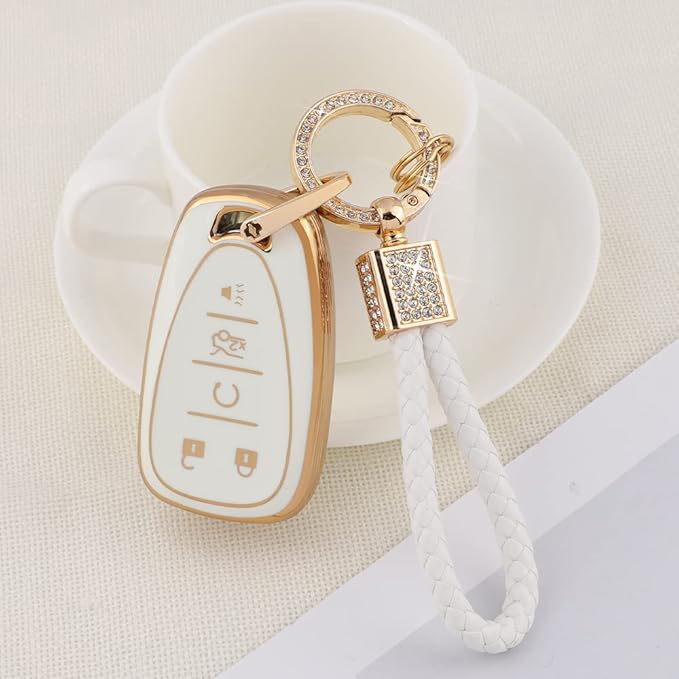 PIFOOG Key Fob Case for Chevy TPU 5 Button Keys Cover Shell Glittering Car Keychain for Malibu Equinox Trax Camaro Blazer Traverse Trailblazer Spark Girly Cute White Gold