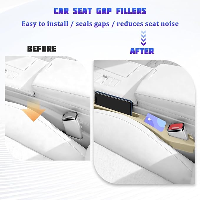 Car Seat Gap Filler, 2PCS No Drop Vehicle Seat Gap Plug with Storage Slots Between Seat and Console, Automotive Interior Seam Filler Organizer, Universal for SUV RV Truck (Beige)