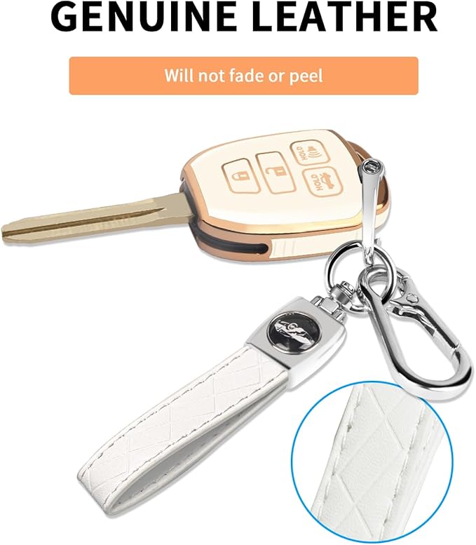 MILD EAST for Toyota Key Fob Cover with Metal Key Chain, Soft TPU Easy to Press Key Fob Shell Case for 2012-2019 Camry Corolla Rav4 Tacoma Highlander Avalon Venza, White