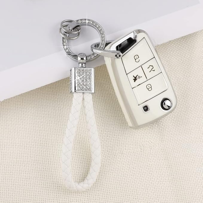 PIFOOG for Volkswagen VW Key Fob Cover Tiguan Golf GTI Altas Jetta Accessories 4 Button Soft TPU Car Keys Case Protector Bling Keychain Landyard Girly White Silver