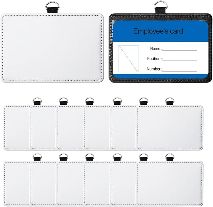 12 Pack Sublimation Blank PU Leather ID Badge Holder Bulk Heat Transfer Print ID Card Badges Name Tag Holders for DIY Office Employees Horizontal