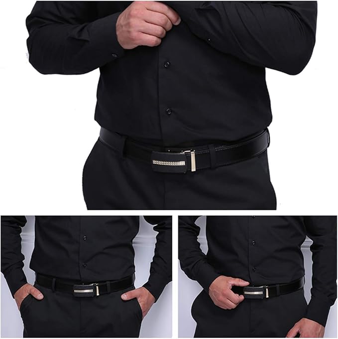 JINIU Men's Ratchet Belt Buckle, Black Genuine Leather Slide Belt for Men Dress Suit, Micro Adjustable Trim to Fit Boxed