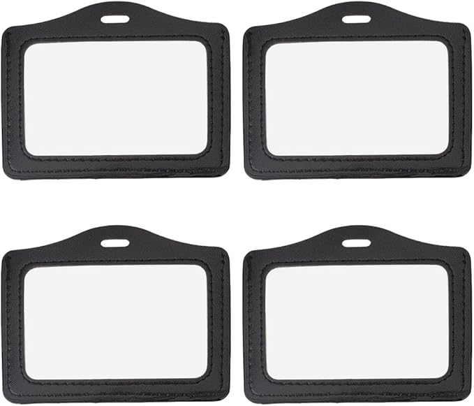 4PCS PU Leather Horizontal Photocard Protector with Clear Window Black Leather Badge Holder Waterproof ID Card Case Double Sided Name Badge Pouch for Offices Staff Students Employees