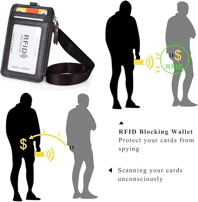 Badge Holder with Zipper Genuine Leather RFID Keychain Wallet Neck Lanyards with Swivel Hook for Card/Coin/Cash, Coffee
