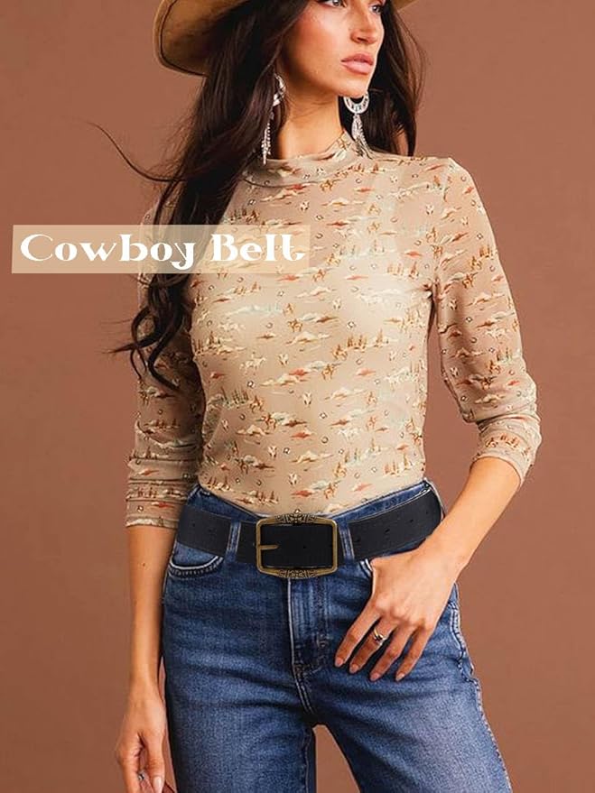 Women Western Belt Vintage Metal Buckle Leather Belts Country Cowboy Cowgirl Belt for Jeans Pant Dress