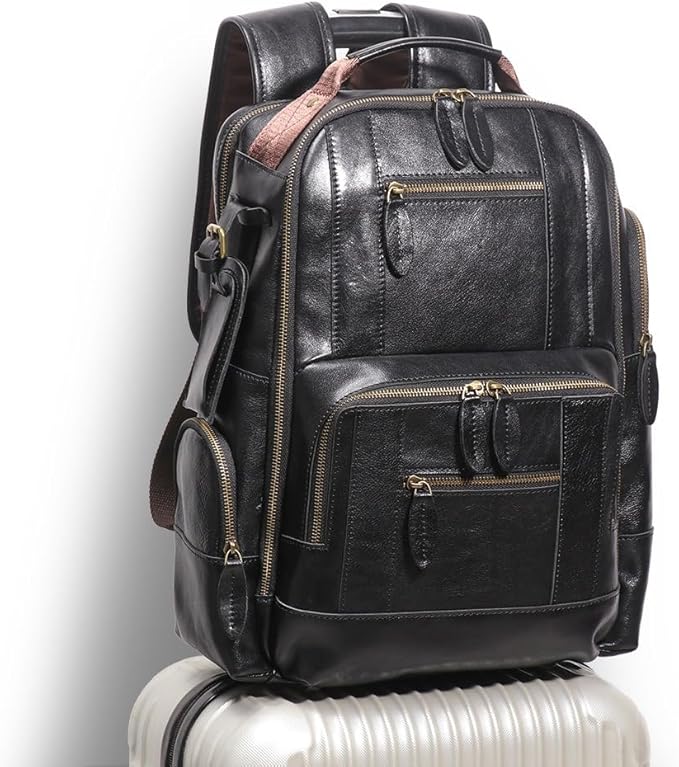 Vintage Genuine Leather 15.6" Laptop Backpack For Men Cowhide Hiking Camping Rucksack Business Travel Daypacks (Black)
