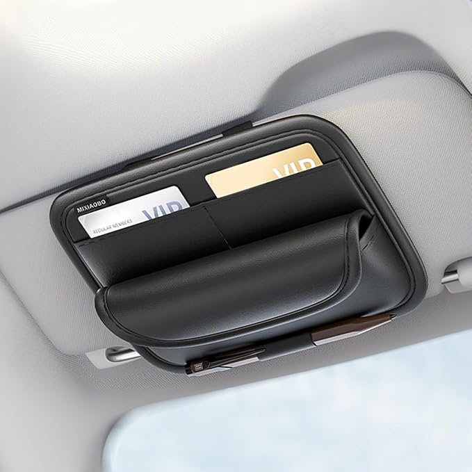 Car Sun Visor Organizer, Car Sunglasses Holder with Adjustable Elastic Strips, Sunvisor Storage with Card Sleeve, Leather Visor Accessories for Sunglasses Pen Drivers License Key