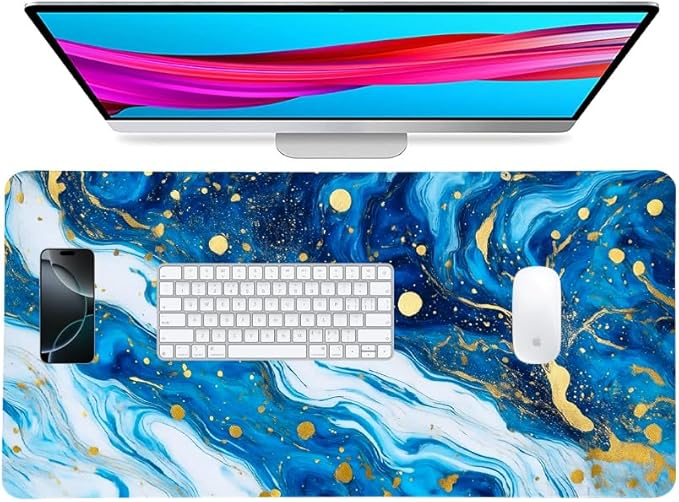 Modern Blue Marble Desk Mat, Luxurious PU Leather Desk Pad - Large Non-Slip Office Mat for a Stylish Gaming & Home Workspace, Aesthetic Desk Decor (23.6x11.8 Inch)