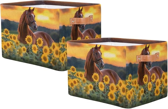 AUUXVA Animal Horse Sunflower Square Storage Basket Bin Canvas Fabric Compressible Organizer Basket with Handle for Bedroom Nursery Office, 2 PCS