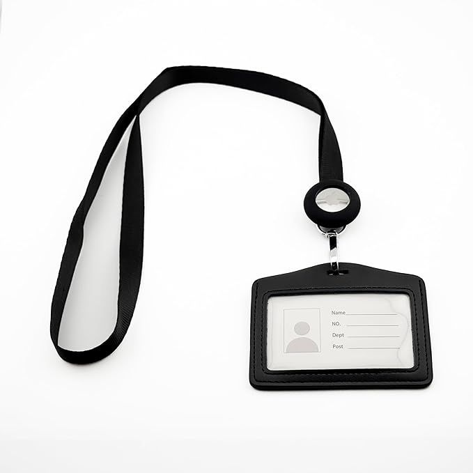 Lanyard for Id Badge Reel with AirTag Holder – Apple AirTag Compatible Plastic ID Badge Tracker for Safety – Easy Access, Secure & Stylish ID Badge – Black