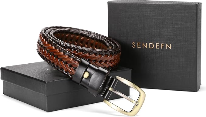 SENDEFN Leather Braided Belts for Men, 1 3/8" Casual Woven Leather Belt for Men Jeans Golf Dress Pants with Gift Box