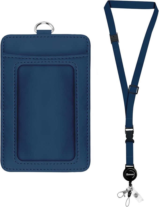 bolimoss Badge Holder with Lanyard, Leather ID Name Badge Card Holder with Retractable Reels Safety Quick Release Buckles and Adjustable Lanyard Straps for Teacher Student Nurse Doctor Navy Blue
