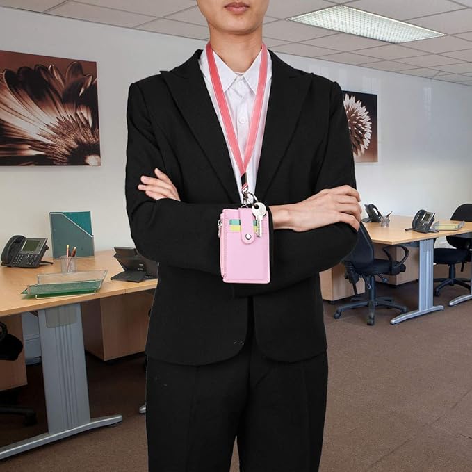 HASFINE ID Badge Holder with Lanyard,2 Sided 5 Card Slots ID Card Holder Wallet with PU Leather Zipper Pocket and Detachable Keychain Lanyard for Teens Women(Pink)