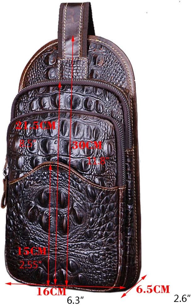 Hebetag Crocodile Genuine Leather Sling Crossbody Bag for Men Travel Outdoor Hunting Hiking Camping Shoulder Chest Pack Backpack Daypack Coffee