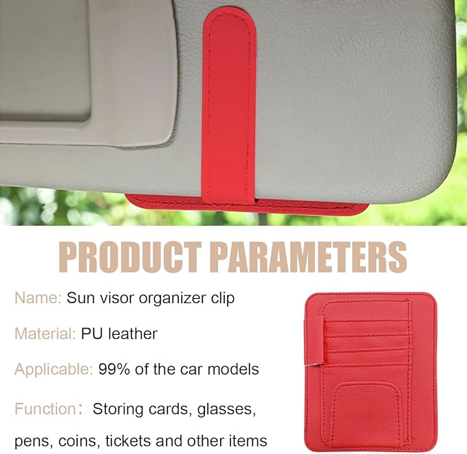 Augeny 2 PCS Car Sun Visor Organizer, Small Auto Visor Organizer and Storage, Registration and Document Holder for Sunglasses, Card, Pen, Driver License, Car Accessories (Red)