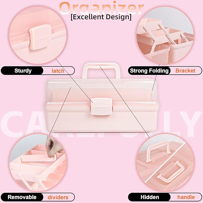 TERGOO 14in 3-Layer Multipurpose Craft Organizers and Storage with Adjustable Dividers, Portable Tackle Box, Folding Art & Craft Case for Medicine, Tool, Sewing Organizer (Pink, X-Large)