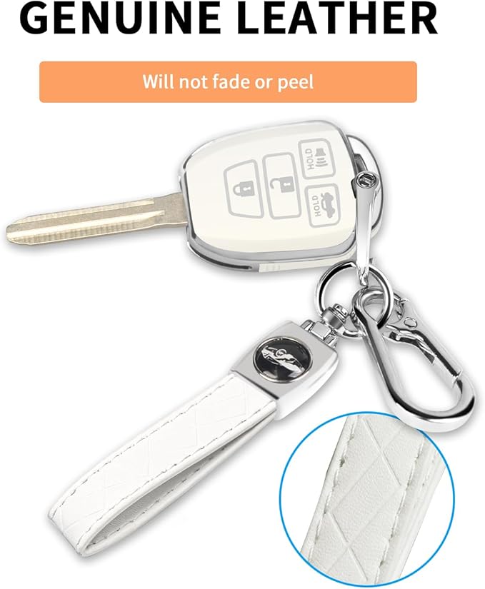 MILD EAST for Toyota Key Fob Cover with Metal Key Chain, Silver Edge Soft TPU Key Fob Shell Case for 2012-2019 Camry Corolla Tacoma, White
