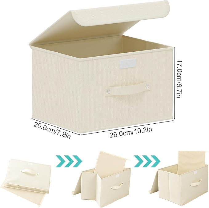 Fabric Storage Bins Cube Organizers with Flip-Top Lid and Handles,Storage Boxes for Organizing Home,Office,and Closet,Beige,3 Pack 10.2 X 7.9 X 6.7 in