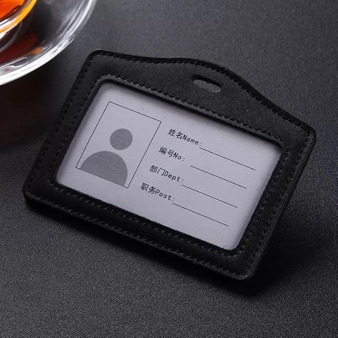 2 Pcs Black Brown Durable Leather ID Badge Holder, Double Sided Clear Window Horizontal Holders Waterproof Name Card Holders for Office, Staff, Students