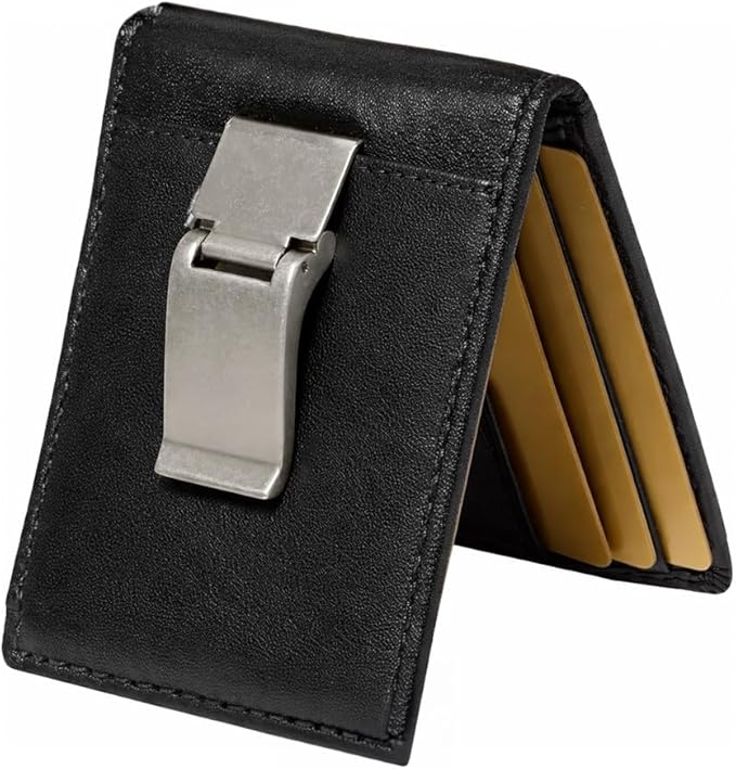 House of Jack Co. Maverick Bifold Money Clip Wallet for Men – Slim Front Pocket Leather Wallet with Metal Cash Clip, Exterior ID Window & Card Holder, Full-Grain Cowhide, Black