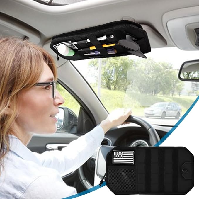 Car Sun Visor Organizer with Zipper Storage Pouch & Glasses Clip – Semi-Rigid MOLLE Panel with Patch – Universal Fit for Vehicles, SUVs, Trucks(Black)