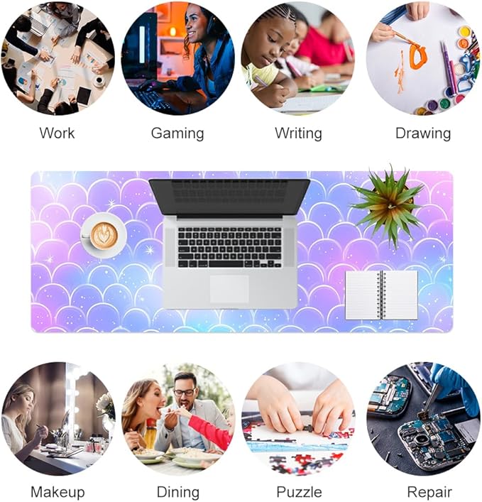 QiyI Multifunctional Office Desk Pad, Water-Resistant PU Leather Mouse Pad, Home Décor Large Desk Organizer Mat, Non Slip Base Writing Pads for Home & Office 31.5" x 11.8" - Mermaid Scales