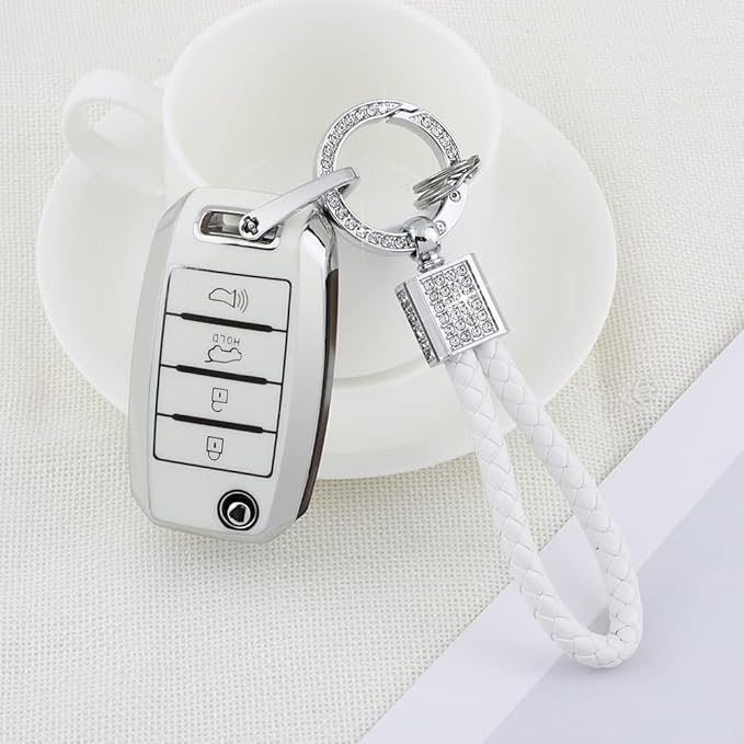 PIFOOG for Kia Key Fob Cover TPU White Silver 4 Buttons Keys Case Shell Protector Bling Keychain for Kia Sorento Optima Soul Sportage Niro Forte Rio Accessories Girly Women Men