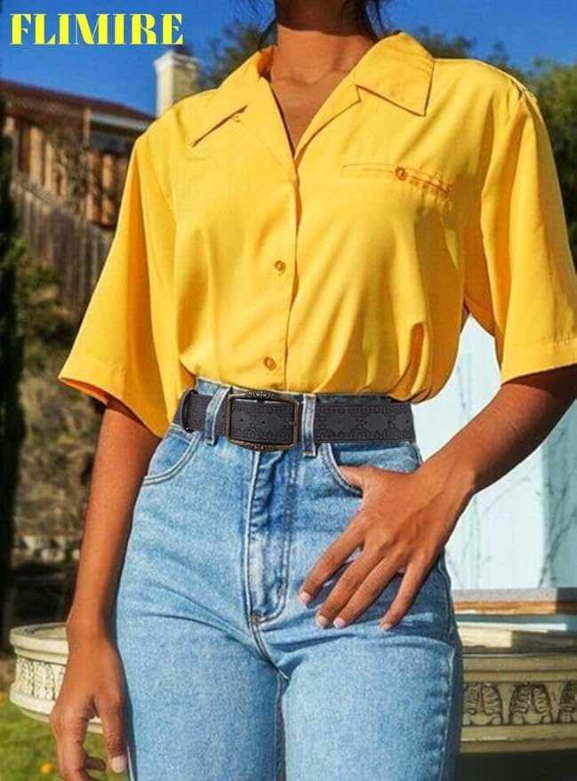 Women Western Belt Vintage Metal Buckle Leather Belts Country Cowboy Cowgirl Belt for Jeans Pant Dress