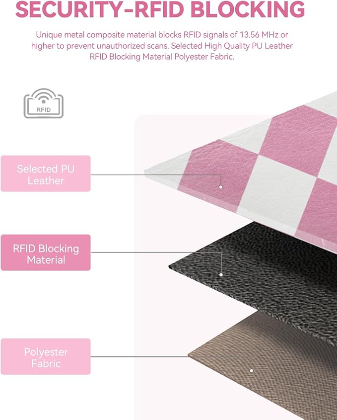 BOSTANTEN Small Wallet Checkered, Wristlet Wallets for Women RFID Detachable Dual Pouch Keychain Wristlet Wallet Cute Coin Purse, Pink and White