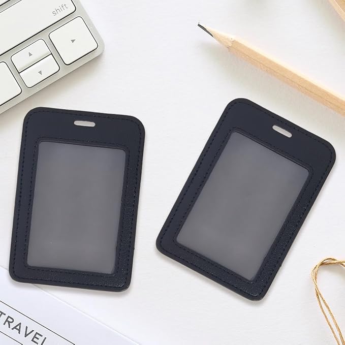 2PCS PU Leather Vertical Badge Holder Black Leather ID Card Case Waterproof Photocard Protector Sided Name Badge Pouch with Clear Window for Office Staff Students School Driver's Licenses